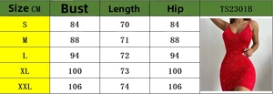 Detailed size chart showing bust, length and hip measurements for the backless mini dress