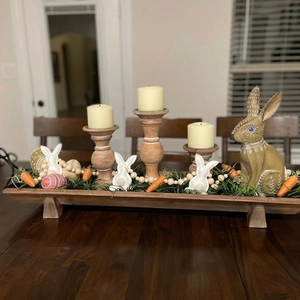 Rustic Easter wood tray set with bunny figurines, candle holders, and carrot beaded garland