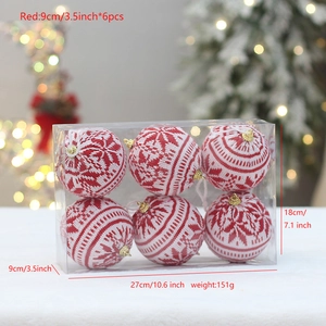Detail of red and white knitted Christmas balls with Nordic patterns in 6-piece set