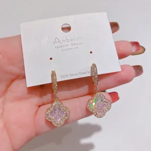 Exquisite gold-plated four-leaf clover drop earrings with S925 sterling silver posts