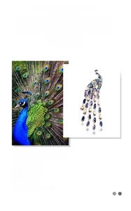 Detail view of colorful crystal peacock brooch with elegant tassel and diamond inlay