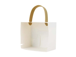 Detailed view of a white cardboard Christmas gift box with a soft brown felt handle