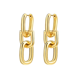 Polished 18k gold plated triple interlocking chain link drop earrings for women