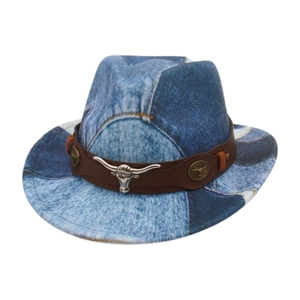 Kids vintage cowboy hat with blue denim print and silver bull head metal ornament
