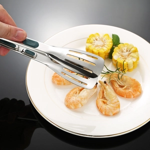 SUS304 stainless steel food tongs with green non-slip handle and drainage holes for BBQ