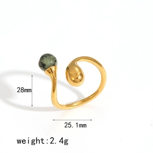 Golden stainless steel open ring with round tiger eye stone and droplet shape detail