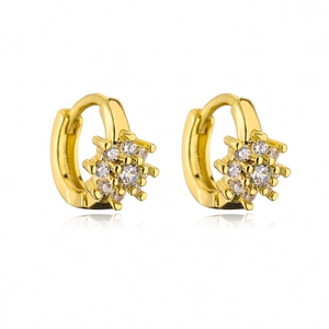 Close-up of 18K gold plated huggie earrings with snowflake zircon stone patterns