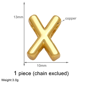 Detail of 13mm gold plated copper letter X pendant with dimensions and weight specs