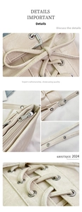 Détails du sac seau en toile beige avec cordon de serrage et finitions métalliques argentées