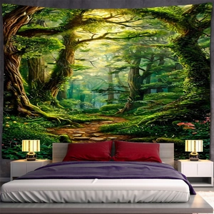 Detail showing forest dream tapestry with sunlight trees hanging on a bedroom wall