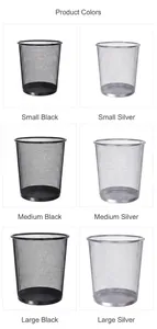 Mesh metal trash cans in black and silver showing small, medium, and large size options