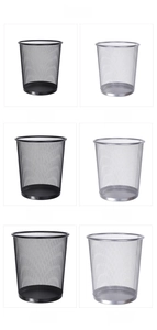 Mesh metal trash cans in black and silver showing small, medium, and large size options