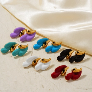 Vintage Stainless Steel Enamel Water Drop Stud Earrings For Women Boho Drip Oil Abstract Wave Geometric Fashion Jewelry Gift