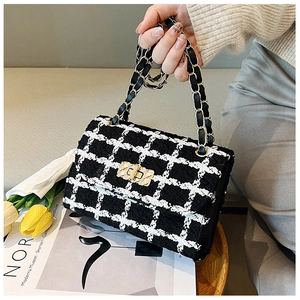 Classic black and white tweed chain bag with gold rotary lock held by a model