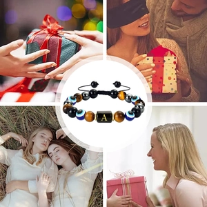 Detail of tiger eye bead bracelet with letter A charm and emotive lifestyle gift scenes