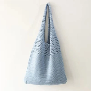 Close-up of light blue knit tote bag with hollow mesh design and dense weaving