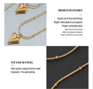 Detail of 3D heart pendant and dual-layer titanium steel chain with 18K gold plating