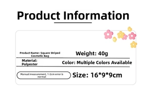 Seersucker striped makeup bag size guide showing 16x9x9cm dimensions and lightweight material