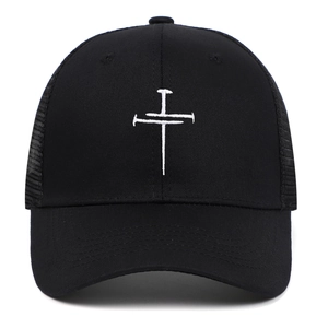 Black mesh trucker hat with white cross embroidery made of three overlapping iron nails