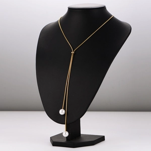 Long Adjustable Lariat Necklace 304 Stainless Steel Faux Artificial Pearl Metal Bead Y Shape Snake Chain Minimalist Jewelry For Women