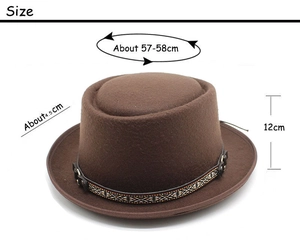 Size guide for dark brown pork pie wool hat with 57-58cm circumference and 4.5cm brim