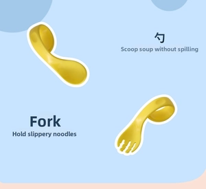 Detail of baby training spoon and fork set with curved handles for easy self-feeding