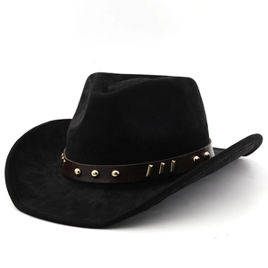 Detail of black wool cowboy hat with brown faux leather band and gold metal studs