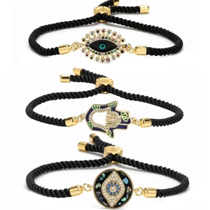 Evil Eye Hamsa Hand Bracelet Copper Micro Pave Cubic Zirconia Adjustable Braided Rope Ethnic Jewelry Protection Gift