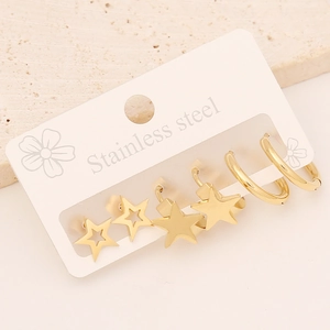 Detailed set of three golden stainless steel earrings featuring stars and minimalist hoops