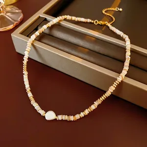 Beaded Necklace Copper With Shell And Artificial Pearl Baroque Irregular 14K Gold Plated Adjustable Choker For Women
