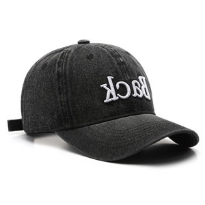 Vintage dark grey washed denim baseball cap with inverted Back embroidery for sun protection