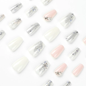 Pink and white press-on nails set with silver glitter and sparkling rhinestone accents