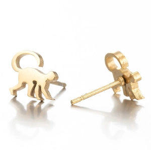 Cute golden monkey animal stud earrings for women in polished stainless steel finish