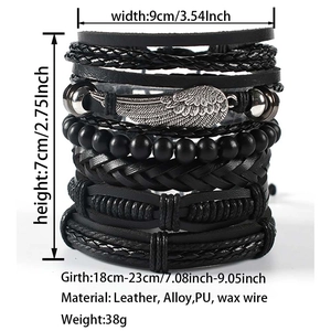 Detailed view of multilayer leather bracelet set with beads and alloy feather charms