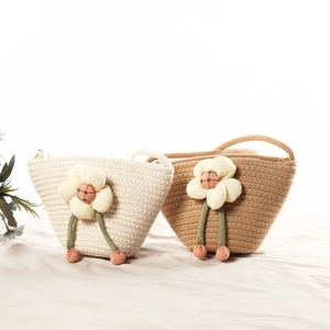 Mini woven cotton shell bag with sunflower design in cream and khaki colors