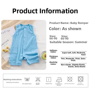 Detail of light blue sleeveless cotton bodysuit with front buttons and dual pockets