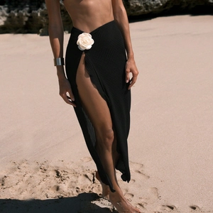 Sexy black mesh beach cover-up skirt with 3D white rose flower and high side slit