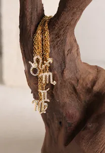 Detail of gold-plated zodiac necklaces with white rhinestones on natural wood display