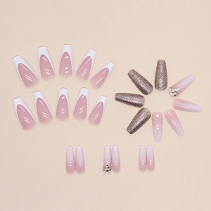 French tip coffin fake nails with glitter silver powder and rhinestone decorations