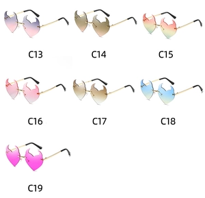 Detailed grid showing rimless heart-shaped devil sunglasses in various gradient colors