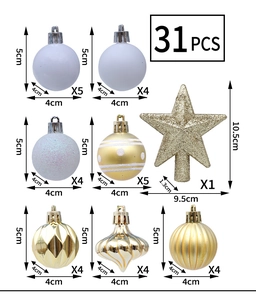 Detail view of 31-piece Christmas ball set with white and gold ornaments and dimensions