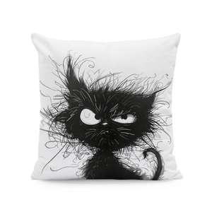 Minimalistischer weißer Kissenbezug mit handgezeichneter Illustration einer bösen Katze