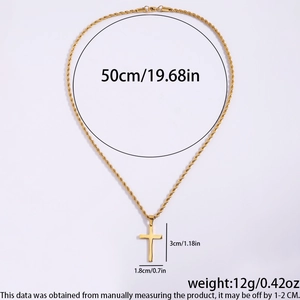 Gold titanium steel cross pendant necklace with rope chain and dimension measurements