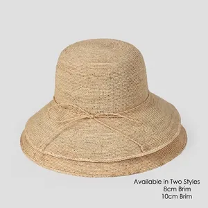 Handcrafted raffia straw sun hats in 8cm and 10cm brim options with bow detail