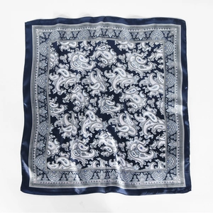 Navy blue paisley print square scarf with vintage pattern on white background