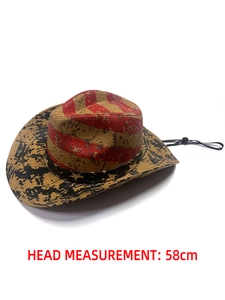 Detail of straw cowboy hat featuring hand-painted US flag stars and stripes on the brim
