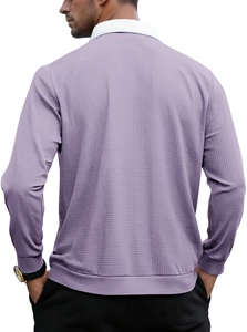 Back view of lavender waffle knit long sleeve polo shirt with white collar detail