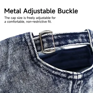 Washed denim baseball cap featuring a premium adjustable metal buckle and frayed strap