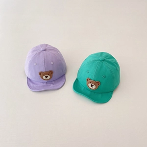 Cute baby baseball cap with bear embroidery in purple and turquoise cotton fabric