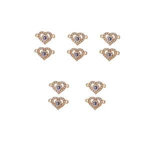 Detailed view of 10 golden heart connectors with evil eye charms and clear zircons
